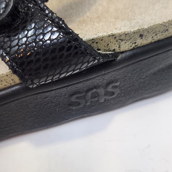 SAS Women Slingback Black Leather Snake Print Sandals Size 6.5 M Comfort Shoes - Picture 5 of 9
